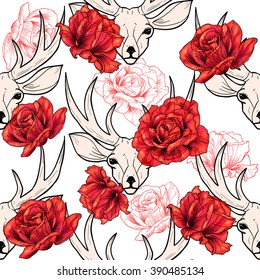 Deer head and  beautiful  roses . Vector seamless pattern