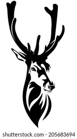 Deer head with big antlers - black and white realistic vector outline