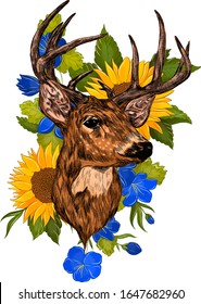 deer head with big horns brown and sunflowers yellow blue flowers bouquet vector illustration print 