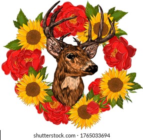 deer head with big horns brown and roses sunflowers red yellow flowers wreath frame vector illustration print