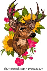 deer head with big horns brown and sunflowers  flowers bouquet vector illustration print 