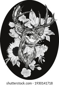 deer head with big horns brown and sunflowers yellow blue flowers bouquet vector illustration print 