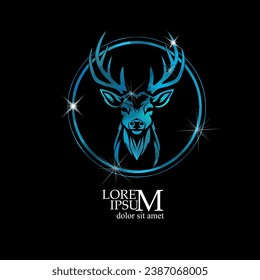 Deer head blue logo in a circle. hand drawing. Not AI, Vector illustration