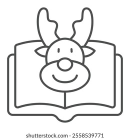 Deer head at book thin line icon, forest animals tale concept. Vector graphics. Deer animal with opened textbook sign on white background, outline style icon for mobile or web design
