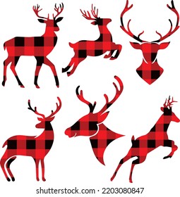 Deer head buffalo plaid set. Vector illustration woodland animal . Lumberjack clipart.