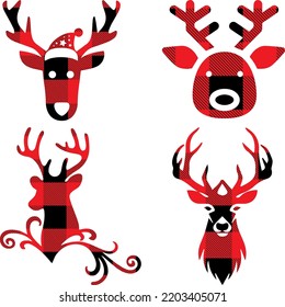 Deer head buffalo plaid set. Vector illustration woodland animal . Lumberjack clipart.