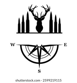 Deer Head and Bullets with Compass, Hand Drawn Vector Illustration