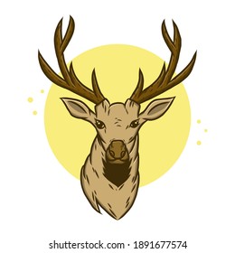 Deer Head Cartoon Vector Illustration. Horns Deer Vintage Mascot Logo. Reindeer Animal Symbol Icon Character Element
