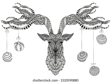 Deer head and christmas balls. Zentangle patterns. Hand-drawn, doodle, vector design elements. Black and white. For coloring book.
