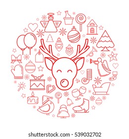 deer head and Christmas element icons on white background