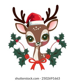 Deer head in Christmas Santa hat. Winter character reindeer. Merry Christmas element. For banner, card, package.