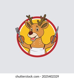 Deer Head Circle Label With Chef Custom and Bring Knife and Fork, Yellow Colors Background, Mascot, Icon, Character or Logo, Vector and Illustration.