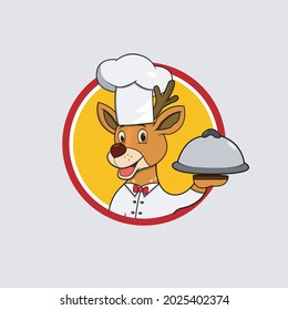 Deer Head Circle Label With Food and Chef Custom , Yellow Colors Background, Mascot, Icon, Character or Logo, Vector and Illustration.
