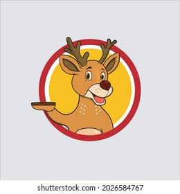 Etiqueta de círculo de la cabeza del ciervo con expresión de sonrisa divertida, fondo de colores amarillos, mascota, icono, carácter o logotipo, vector e ilustración.