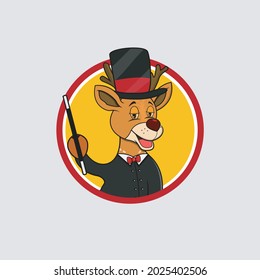 Deer Head Circle Label With Stick and Magician Custom , Yellow Colors Background, Mascot, Icon, Character or Logo, Vector and Illustration.