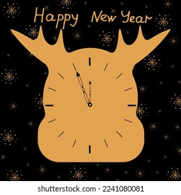 A deer head clock with vintage carved hands. Five minutes until the new year. Christmas concept with a silhouette of a reindeer. Creative greeting card the new year is coming soon. Website banner. 