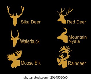 Deer head collection vector silhouette illustration isolated on black. Mountain nyala antelope. Moose elk. Reindeer buck. Red deer grassing. Waterbuck african deer. Sika symbol. Safari trophy antlers.