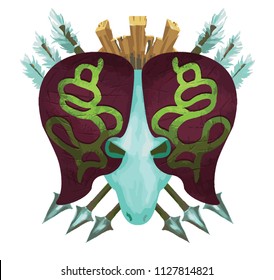 Deer head with cross arrows on white background. Logo template with animal, horns and arrows for banner. Hand-drawn emblem with arrows and deer face isolated. Game logo design.