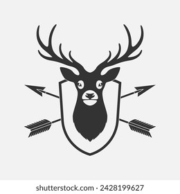 Deer head and crossed arrows graphic icon. Hunting symbol. Sign isolated on white background. Vector illustration