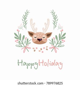 Deer head. Cute deer with the flowers. Happy Holiday.