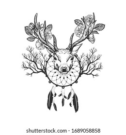 Deer head decorated with roses and dream catcher vector sketch. Hand drawn stag face with horns decorated with flowers isolated on white background.