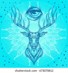 Deer head with decorative ornament of leaves and all-seeing eye. Hand drawn, sketch style. Outline vector illustration on blue background.