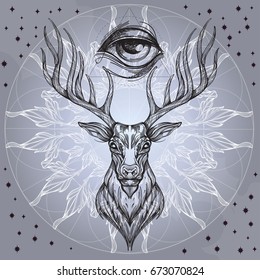Deer head with decorative ornament of leaves and all-seeing eye. Hand drawn, sketch style. Outline vector illustration on gray background.
