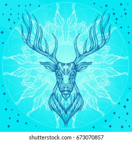Deer head with decorative ornament of leaves. Hand drawn, sketch style. Outline vector illustration on blue background.