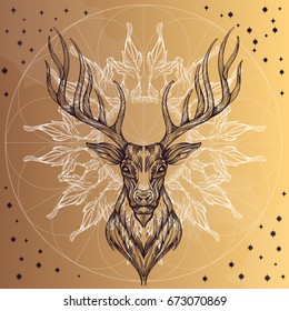 Deer head with decorative ornament of leaves. Hand drawn, sketch style. Outline vector illustration on beige background.