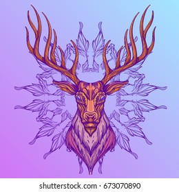 Deer head and decorative ornament leaves  Hand drawn  sketch style  Vector illustration light purple background 