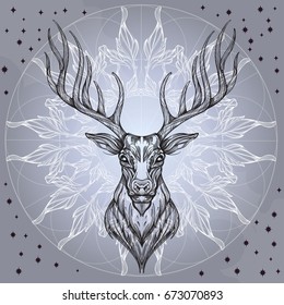 Deer head with decorative ornament of leaves. Hand drawn, sketch style. Outline vector illustration on gray background.