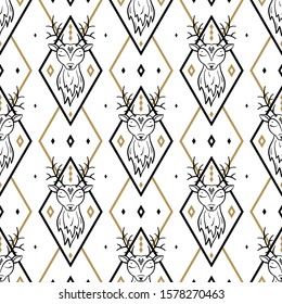 Deer Head with Diamond Shapes Vector Abstract Background. Reindeer Argyle Seamless Pattern 