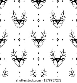 Deer Head with Diamond Shapes Vector Abstract Background. Reindeer Seamless Pattern