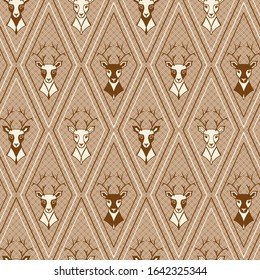 Deer Head with Diamond Shapes Vector Abstract Geometric Vintage Background. Reindeer Argyle Brown Seamless Pattern for Men's Clothing, Happy Father's Day, Dad Greeting Card