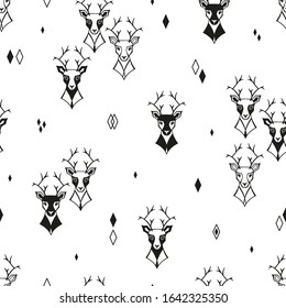 Deer Head with Diamond Shapes Vector Abstract Geometric Vintage Black and White Background. Reindeer Seamless Pattern for Men's Clothing, Happy Father's Day, Dad Greeting Card