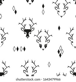 Deer Head with Diamond Shapes Vector Abstract Geometric Vintage Background. Reindeer Black and White Seamless Pattern for Men's Clothing, Happy Father's Day, Dad Greeting Card