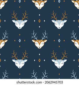 Deer Head with Diamond Shapes Vector Seamless Pattern. Boho Navy blue Background. Reindeer