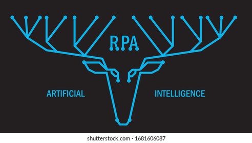 Deer head digital logo template with text - RPA and Artificial Intelligence. Blue lines on black background. Looks like elements of  microprocessor. Vector format. 
