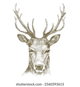 Deer head. Drawing with dots and spots. Illustration using pointillism technique.