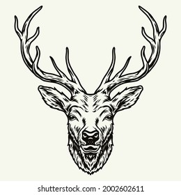 Cabeza de ciervo con elegante plantilla de cuernos en la ilustración vectorial aislada de estilo monocromático vectorial vintage