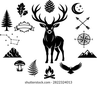 Deer Head Emblem Set with Nature Icons Including Antlers, Forest, Mountains, Moon, Stars, Compass, and Fire