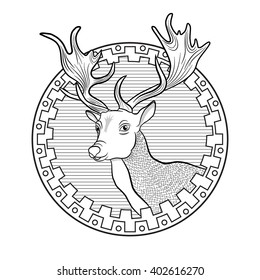 Deer head in the ethnic border. Coloring for adults. Zentangle.