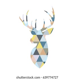 Deer head formed by triangular multicolored shapes. Scandinavian style.