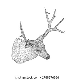Deer head frame with large antlers from black lines on a white background. Isometric view. 3D. Vector illustration