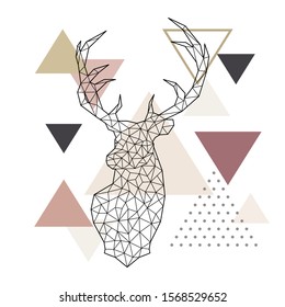 Deer head in a geometric style on abstract background with triangles. Scandinavian style illustration.