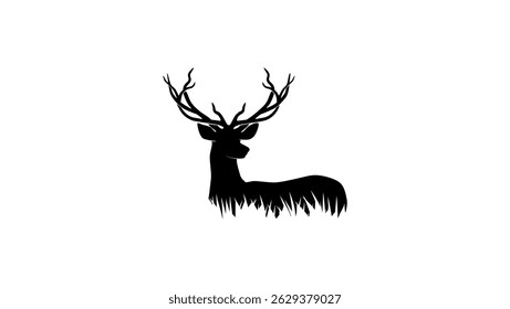 Deer Head In Grass , black isolated silhouette