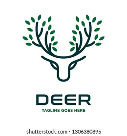Deer head and green leaf logo design