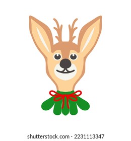 Deer, head with horns and a bright collar, color drawing, on a transparent background, for design, postcards and printing for Christmas and New Year