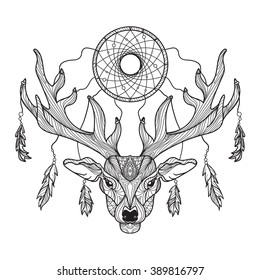 Deer head with horns and dreamcatcher for t-shirt, tattoo, print, fabric, poster and illustrations. Vector