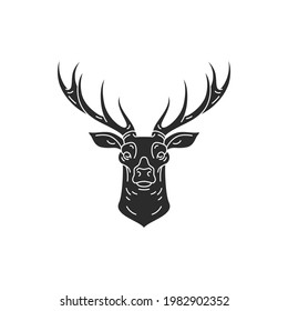 Deer head with horns hand drawn silhouette vector illustration. Antler drawing for poster and hunting logo emblem decoration or fashion print.